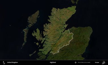 İskoçya. Birleşik Krallık 'ın idari alanı karartılmış bir uydu üzerinde vurgulanmış ve özetlenmiştir.