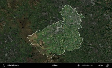 Kirklees. Birleşik Krallık 'ın idari alanı karartılmış bir uydu üzerinde vurgulanmış ve özetlenmiştir.