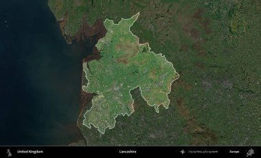 Lancashire. Birleşik Krallık 'ın idari alanı karartılmış bir uydu üzerinde vurgulanmış ve özetlenmiştir.