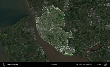 Liverpool 'da. Birleşik Krallık 'ın idari alanı karartılmış bir uydu üzerinde vurgulanmış ve özetlenmiştir.