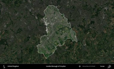 Croydon 'un Londra ilçesi. Birleşik Krallık 'ın idari alanı karartılmış bir uydu üzerinde vurgulanmış ve özetlenmiştir.