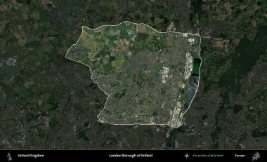 Londra Enfield İlçesi. Birleşik Krallık 'ın idari alanı karartılmış bir uydu üzerinde vurgulanmış ve özetlenmiştir.