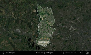 Londra Hillingdon İlçesi. Birleşik Krallık 'ın idari alanı karartılmış bir uydu üzerinde vurgulanmış ve özetlenmiştir.