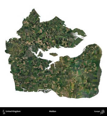 Maldon. Birleşik Krallık 'ın idari alanı uydudan beyaza izole edildi.