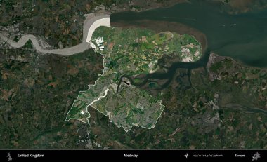 Medway. Birleşik Krallık 'ın idari alanı karartılmış bir uydu üzerinde vurgulanmış ve özetlenmiştir.