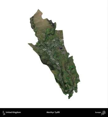 Merthyr Tydfil. Birleşik Krallık 'ın idari alanı uydudan beyaza izole edildi.