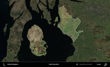 Kuzey Ayrshire. Birleşik Krallık 'ın idari alanı karartılmış bir uydu üzerinde vurgulanmış ve özetlenmiştir.