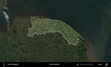 Kuzey Norfolk. Birleşik Krallık 'ın idari alanı karartılmış bir uydu üzerinde vurgulanmış ve özetlenmiştir.