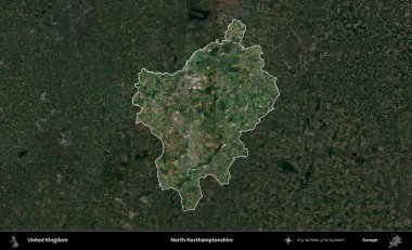 Kuzey Northamptonshire. Birleşik Krallık 'ın idari alanı karartılmış bir uydu üzerinde vurgulanmış ve özetlenmiştir.