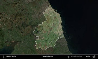 Northumberland 'de. Birleşik Krallık 'ın idari alanı karartılmış bir uydu üzerinde vurgulanmış ve özetlenmiştir.