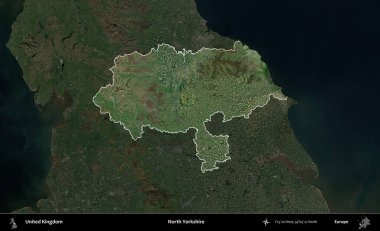 Kuzey Yorkshire. Birleşik Krallık 'ın idari alanı karartılmış bir uydu üzerinde vurgulanmış ve özetlenmiştir.