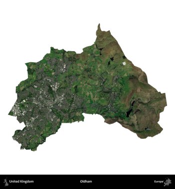 Oldham. Birleşik Krallık 'ın idari alanı uydudan beyaza izole edildi.