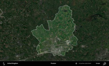 Preston. Birleşik Krallık 'ın idari alanı karartılmış bir uydu üzerinde vurgulanmış ve özetlenmiştir.