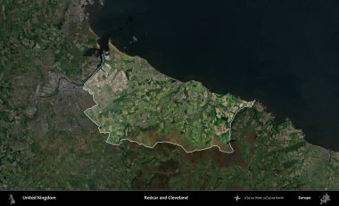 Redcar ve Cleveland. Birleşik Krallık 'ın idari alanı karartılmış bir uydu üzerinde vurgulanmış ve özetlenmiştir.