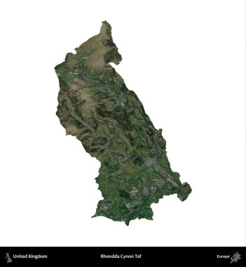 Rhondda Cynon Taf. Birleşik Krallık 'ın idari alanı uydudan beyaza izole edildi.