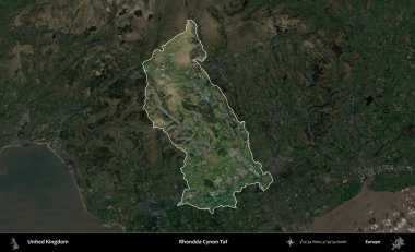 Rhondda Cynon Taf. Birleşik Krallık 'ın idari alanı karartılmış bir uydu üzerinde vurgulanmış ve özetlenmiştir.