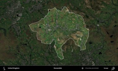 Rossendale 'de. Birleşik Krallık 'ın idari alanı karartılmış bir uydu üzerinde vurgulanmış ve özetlenmiştir.