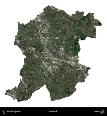 Sandwell. Birleşik Krallık 'ın idari alanı uydudan beyaza izole edildi.