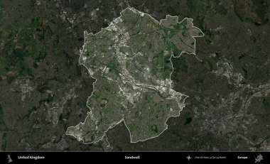Sandwell. Birleşik Krallık 'ın idari alanı karartılmış bir uydu üzerinde vurgulanmış ve özetlenmiştir.