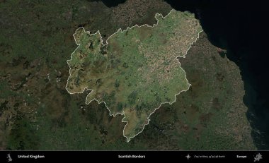 İskoç Sınırı. Birleşik Krallık 'ın idari alanı karartılmış bir uydu üzerinde vurgulanmış ve özetlenmiştir.
