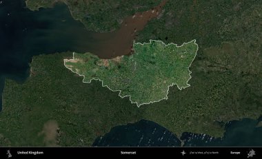 Somerset. Birleşik Krallık 'ın idari alanı karartılmış bir uydu üzerinde vurgulanmış ve özetlenmiştir.