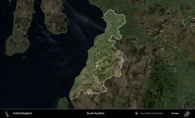 Güney Ayrshire. Birleşik Krallık 'ın idari alanı karartılmış bir uydu üzerinde vurgulanmış ve özetlenmiştir.