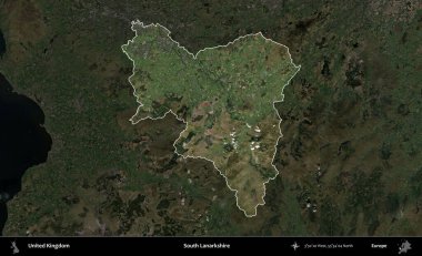 Güney Lanarkshire. Birleşik Krallık 'ın idari alanı karartılmış bir uydu üzerinde vurgulanmış ve özetlenmiştir.