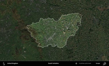 Güney Yorkshire. Birleşik Krallık 'ın idari alanı karartılmış bir uydu üzerinde vurgulanmış ve özetlenmiştir.