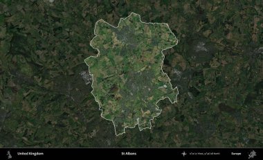 Aziz Albans. Birleşik Krallık 'ın idari alanı karartılmış bir uydu üzerinde vurgulanmış ve özetlenmiştir.