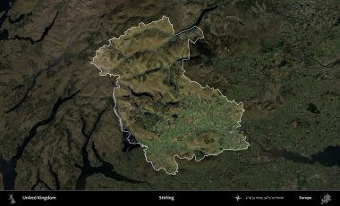 Stirling. Birleşik Krallık 'ın idari alanı karartılmış bir uydu üzerinde vurgulanmış ve özetlenmiştir.