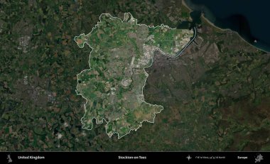 Stockton-on-Tees. Birleşik Krallık 'ın idari alanı karartılmış bir uydu üzerinde vurgulanmış ve özetlenmiştir.
