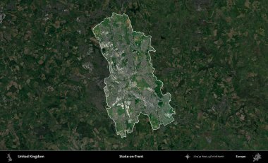 Stoke-on-Trent. Birleşik Krallık 'ın idari alanı karartılmış bir uydu üzerinde vurgulanmış ve özetlenmiştir.