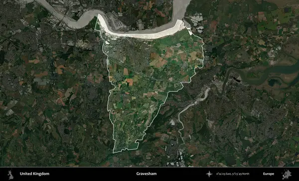 Gravesham. Birleşik Krallık 'ın idari alanı karartılmış bir uydu üzerinde vurgulanmış ve özetlenmiştir.
