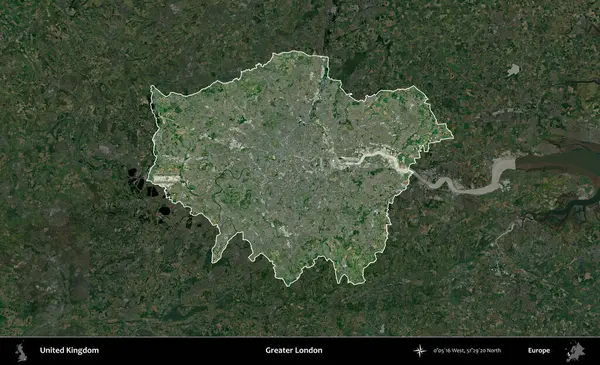 Büyük Londra. Birleşik Krallık 'ın idari alanı karartılmış bir uydu üzerinde vurgulanmış ve özetlenmiştir.