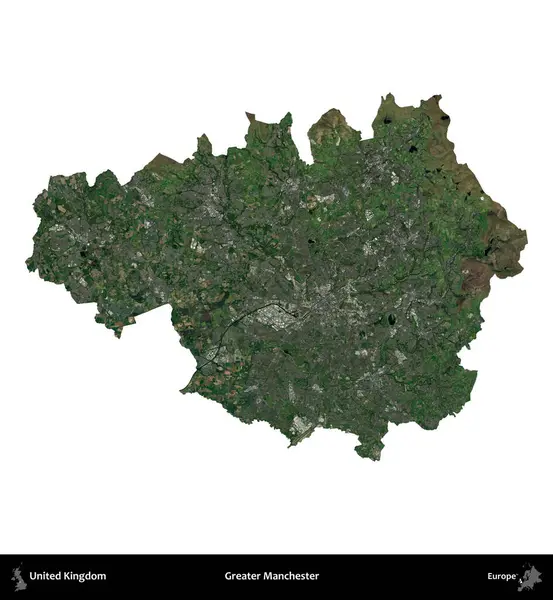Daha büyük Manchester. Birleşik Krallık 'ın idari alanı uydudan beyaza izole edildi.
