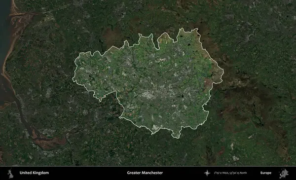 Daha büyük Manchester. Birleşik Krallık 'ın idari alanı karartılmış bir uydu üzerinde vurgulanmış ve özetlenmiştir.