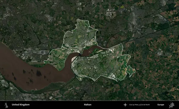 Halton. Birleşik Krallık 'ın idari alanı karartılmış bir uydu üzerinde vurgulanmış ve özetlenmiştir.
