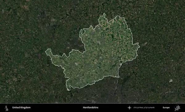 Hertfordshire 'da. Birleşik Krallık 'ın idari alanı karartılmış bir uydu üzerinde vurgulanmış ve özetlenmiştir.