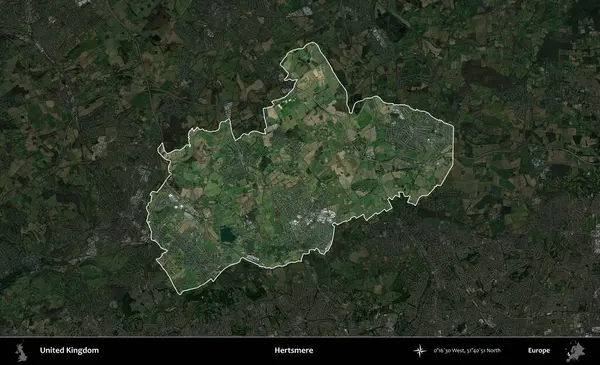Hertsmere. Birleşik Krallık 'ın idari alanı karartılmış bir uydu üzerinde vurgulanmış ve özetlenmiştir.