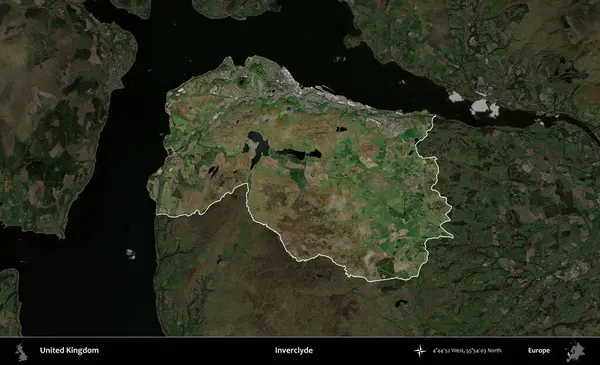 Inverclyde. Birleşik Krallık 'ın idari alanı karartılmış bir uydu üzerinde vurgulanmış ve özetlenmiştir.
