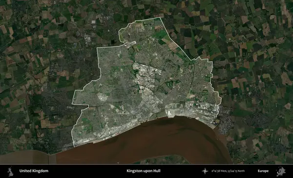 Kingston Hull 'da. Birleşik Krallık 'ın idari alanı karartılmış bir uydu üzerinde vurgulanmış ve özetlenmiştir.