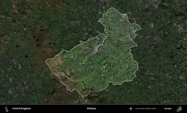 Kirklees. Birleşik Krallık 'ın idari alanı karartılmış bir uydu üzerinde vurgulanmış ve özetlenmiştir.