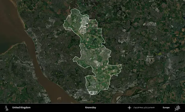 Knowsley. Birleşik Krallık 'ın idari alanı karartılmış bir uydu üzerinde vurgulanmış ve özetlenmiştir.