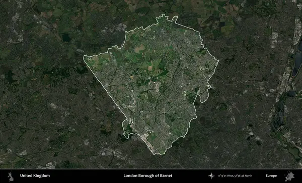 Londra Barnet İlçesi. Birleşik Krallık 'ın idari alanı karartılmış bir uydu üzerinde vurgulanmış ve özetlenmiştir.