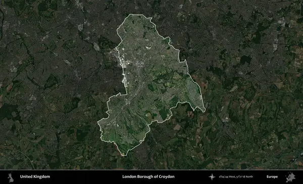 Croydon 'un Londra ilçesi. Birleşik Krallık 'ın idari alanı karartılmış bir uydu üzerinde vurgulanmış ve özetlenmiştir.