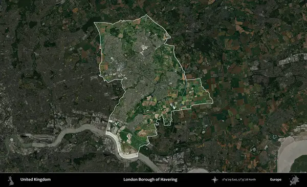 Londra Havering İlçesi. Birleşik Krallık 'ın idari alanı karartılmış bir uydu üzerinde vurgulanmış ve özetlenmiştir.