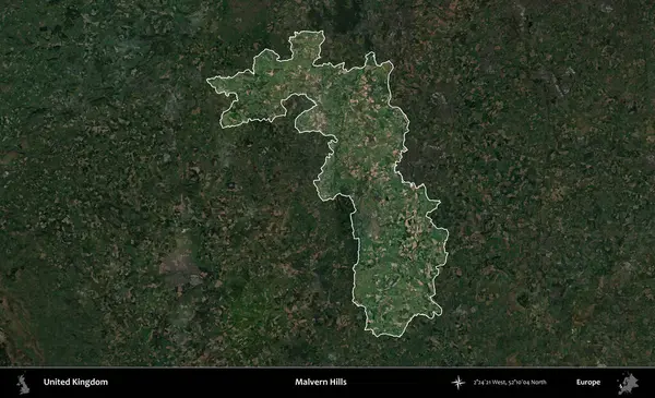 Malvern Tepeleri. Birleşik Krallık 'ın idari alanı karartılmış bir uydu üzerinde vurgulanmış ve özetlenmiştir.