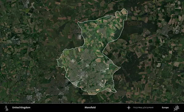 Mansfield. Birleşik Krallık 'ın idari alanı karartılmış bir uydu üzerinde vurgulanmış ve özetlenmiştir.