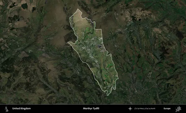 Merthyr Tydfil. Birleşik Krallık 'ın idari alanı karartılmış bir uydu üzerinde vurgulanmış ve özetlenmiştir.