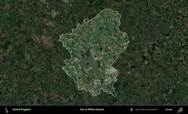 Milton Keynes şehri. Birleşik Krallık 'ın idari alanı karartılmış bir uydu üzerinde vurgulanmış ve özetlenmiştir.